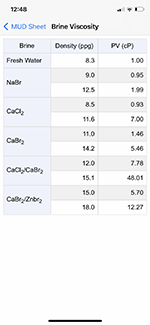 Brine Viscosity | MUDSheet Mobile App Screenshot